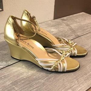 TARYN ROSE Strappy Metallic Gold Wedge Heels